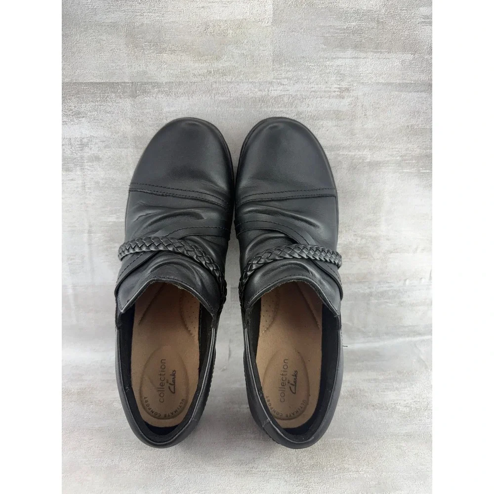 Clarks Collection Black Leather Pleated Braided Loafers Women Sz 8.5M